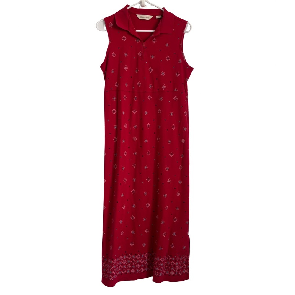 Bechamel Red Patterned Maxi Dress Sleeveless Quarter Zip Collared Vintage